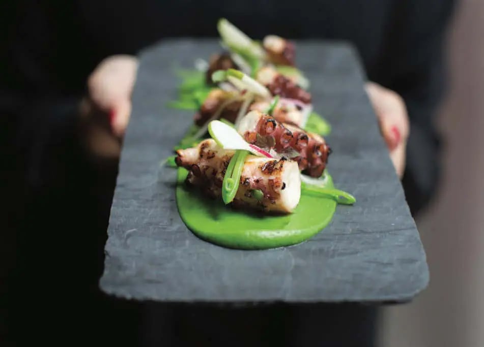 Food on grey plate from A Taste of Aureole at The Knick