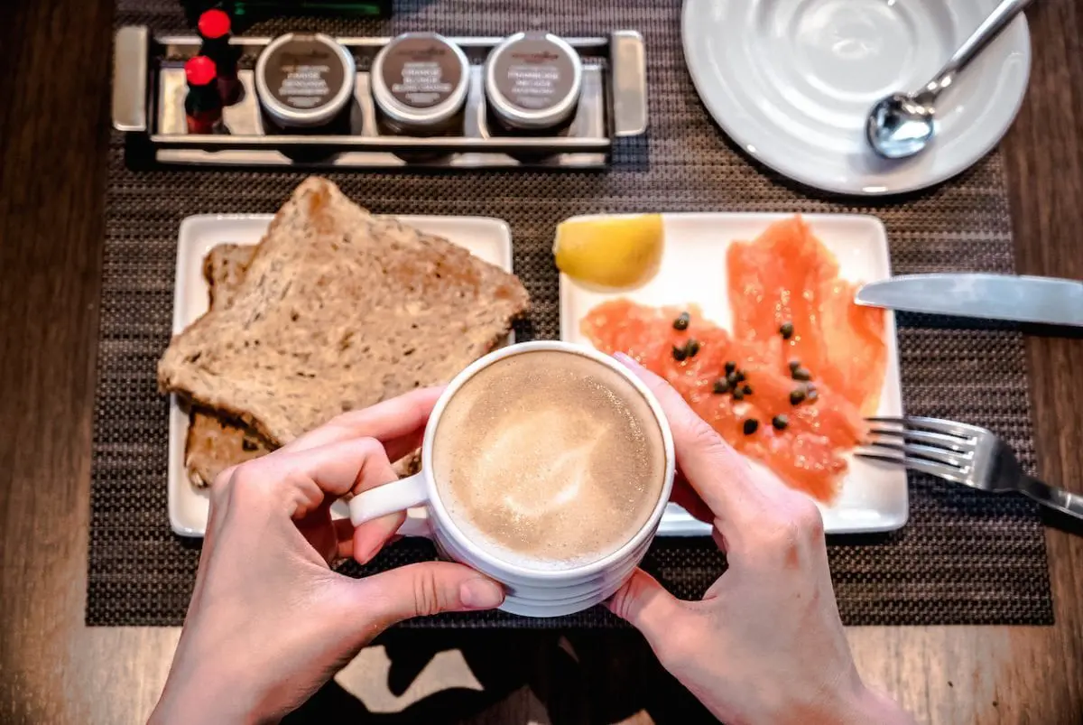 coffee, toast, and salmon