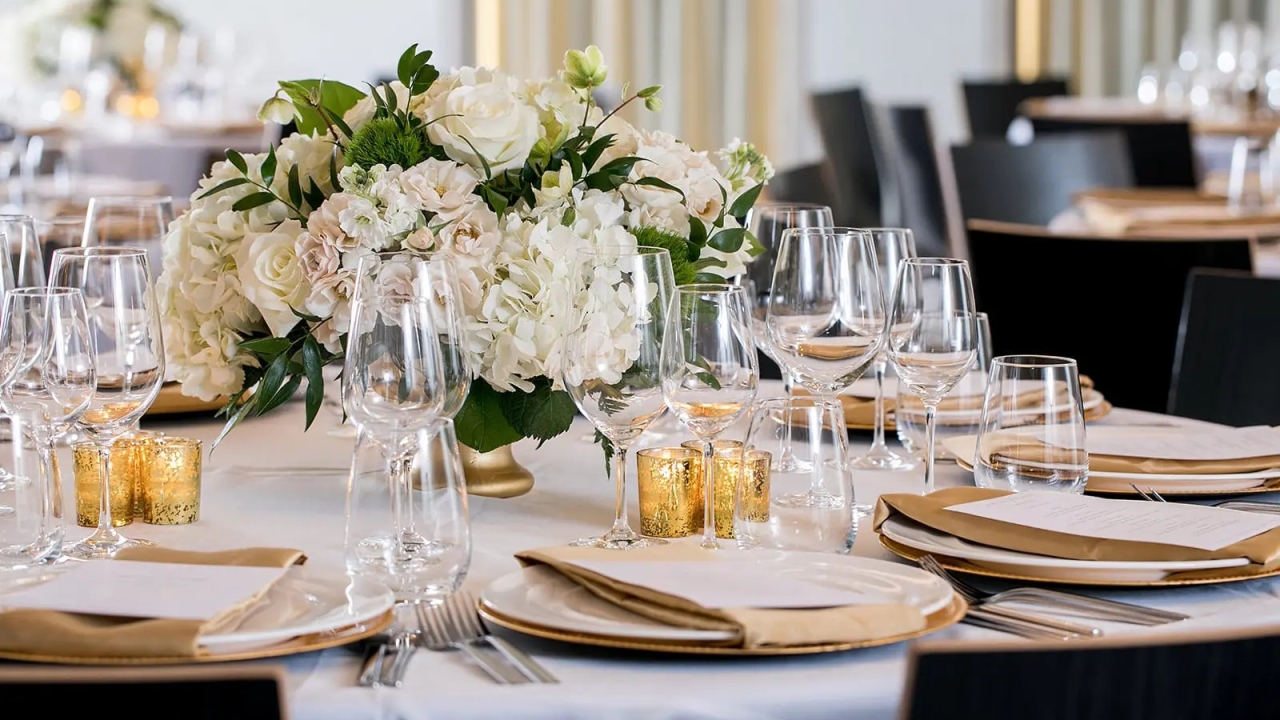 A formal dining table set with white linens, flowers, and fine china.